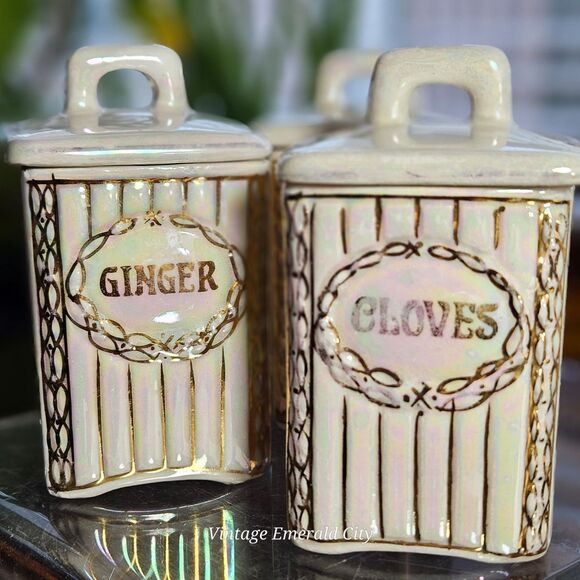 Vtg Iridescent Czechoslovakia Lusterware Labeled Spice Jars Set / 3 Ceramic Read - Picture 10 of 12